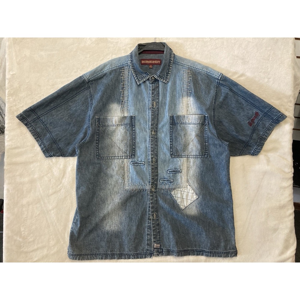 Vintage Burgundy Brand Denim Button-up. Patchwork Stitching Size XL Fits XXL